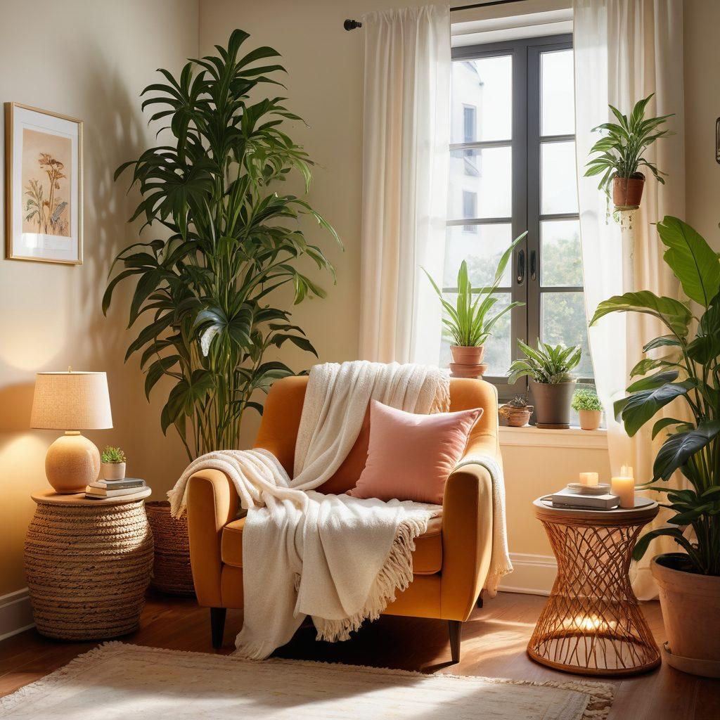 A cozy, inviting living room with warm lighting, lush indoor plants, and soft textiles that exude comfort. A serene reading nook by a window with a plush armchair, surrounded by cheerful decor and personal mementos. A peaceful ambiance with light streaming in, creating a joyful atmosphere. super-realistic. vibrant colors. soft focus.