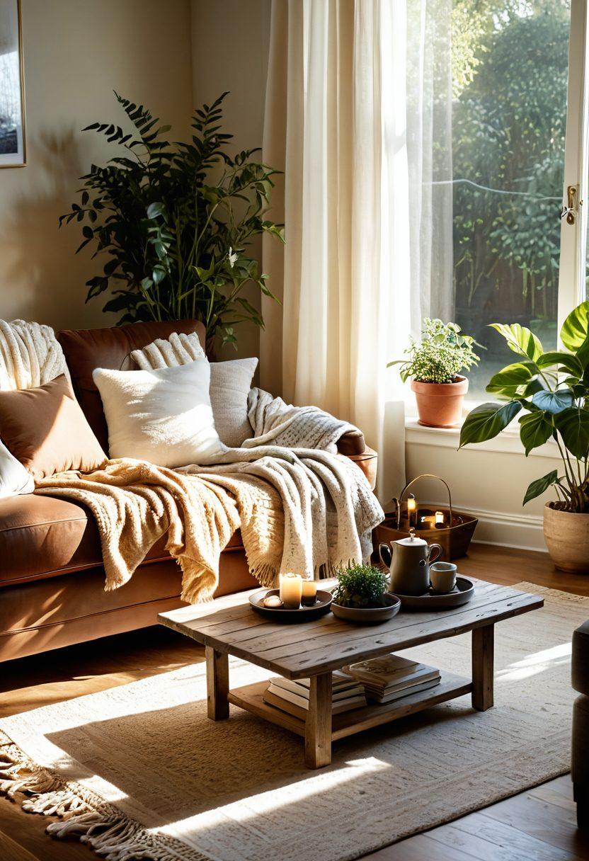 A cozy living room adorned with soft blankets, flickering candles, and potted plants, inviting warmth and tranquility. A steaming cup of tea rests on a wooden coffee table, while sunlight filters through sheer curtains, casting gentle shadows. The atmosphere is calm and inviting, evoking a sense of contentment and delight. super-realistic. warm tones. natural light.
