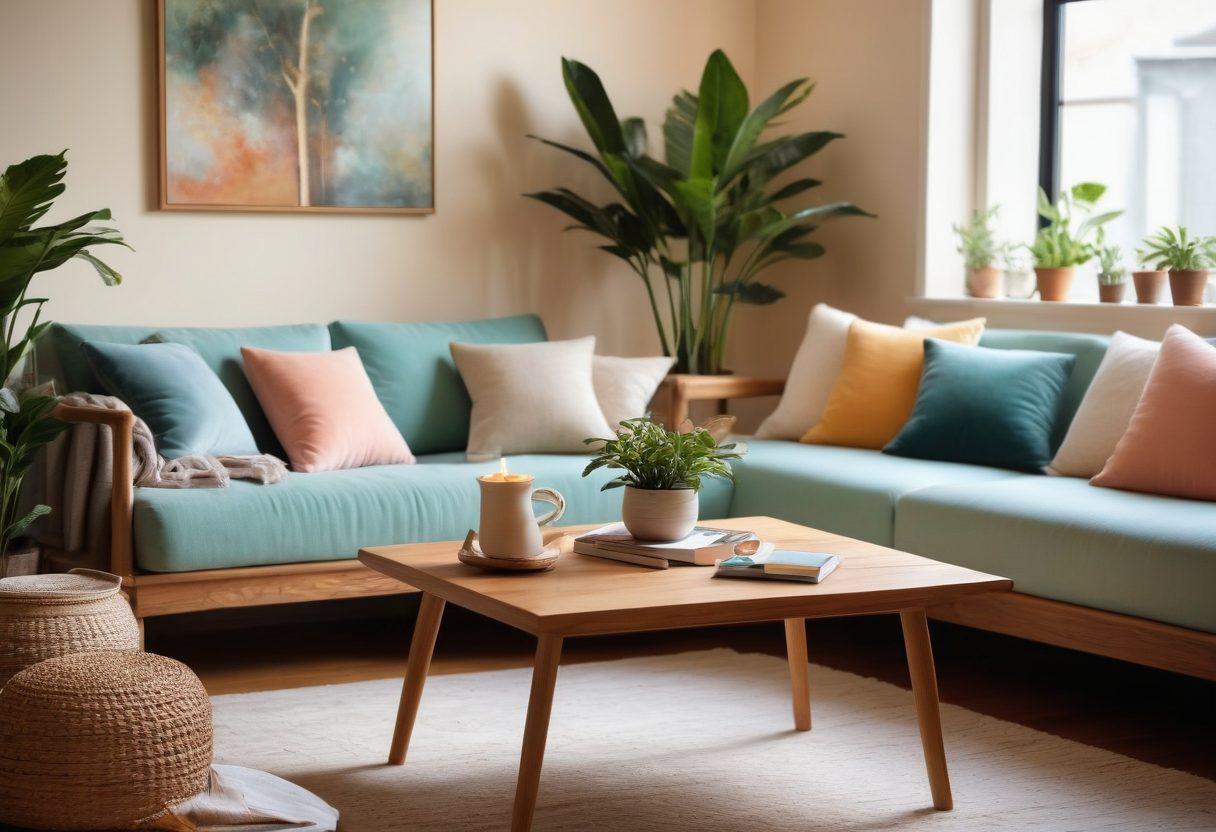 A serene living room setup with plush cushions, warm ambient lighting, and houseplants creating a cozy atmosphere. Soft pastel colors harmonize with natural wood elements. A coffee table adorned with steaming cups and an open book invites relaxation. Family and friends are gathered, engaging in conversation, conveying warmth and connection. super-realistic. vibrant colors. soft focus.